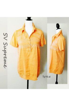 Blouse Linen Blend Orange Shirt Top Sequin Short Sleeved Buttoned Collar Lined